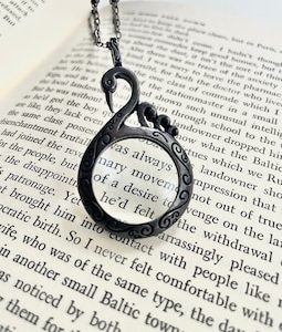 KOTLC Black Swan Necklace | Antiqued Monocle Pendant | Keeper of the Lost Cities Magnifying Glass Jewelry
