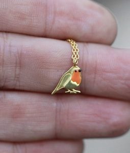 Dainty Robin Bird necklace. Gold plated sterling and orange enamel. Nature inspired gift for her.