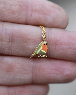 Dainty Robin Bird necklace. Gold plated sterling and orange enamel. Nature inspired gift for her.