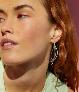 Sculptural Sterling Silver Gold Drop Earrings, Mixed Metal Statement Jewelry