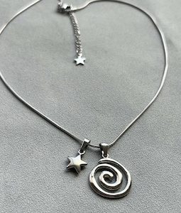 Stainless Steel Spiral Star Pendant Vortex Charm Necklace: Waterproof Snake Chain Silver Handmade Jewelry