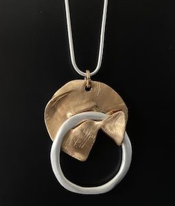 Abstract Mixed Metal Pendant Necklace: Gold & Silver Sculptural Jewelry