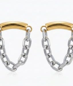 Two Tone Mixed Metal Chain Earrings, Gold and Silver Curb Chain Dangle Earrings, Minimalist Geometric Post Earrings,Edgy Modern Jewelry Gift