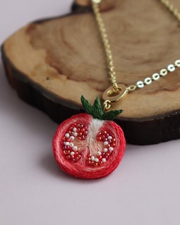 Handmade tomato pendant necklace, embroidered vegetable charm, unique foodie statement necklace, quirky kitchen garden jewelry