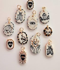 Handmade Ceramic Mystical Charms Black White, Symbolic Jewelry Charms, Journal Charm Pendant