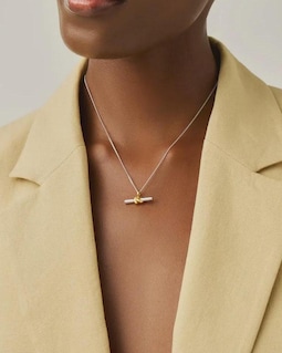 18k Gold Vermeil T-Bar Knot Pendant Necklace | Sculptural Two-Tone Mixed Metal Minimalist Layering Jewelry | Adjustable Curb Chain Necklace