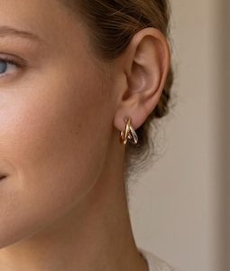18K Gold Filled Two Tone Hoop Earrings, Crossed Double Ring Earrings, Minimalist Mixed Metal Jewelry, Modern Everyday Gift