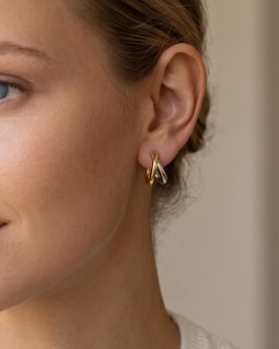 18K Gold Filled Two Tone Hoop Earrings, Crossed Double Ring Earrings, Minimalist Mixed Metal Jewelry, Modern Everyday Gift