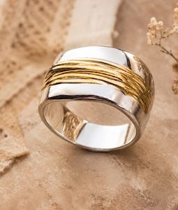 Mixed Metal Ring, Chunky Silver and Gold Wide Band Ring, Two Tone Statement Ring, Modern Sculptural Jewelry Gift for Her