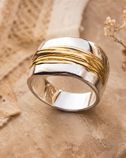 Mixed Metal Ring, Chunky Silver and Gold Wide Band Ring, Two Tone Statement Ring, Modern Sculptural Jewelry Gift for Her