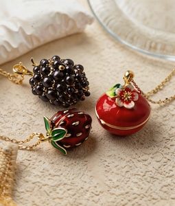 Fruit Locket Necklace with Tiny Mouse Inside, Enamel Strawberry Apple Blackberry Pendant Jewelry, Whimsical Gift for Girls