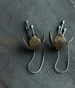 musical bell flower earrings, unsual sculptural mixed metal artisan jewelry, comfortable handmade  jewellery